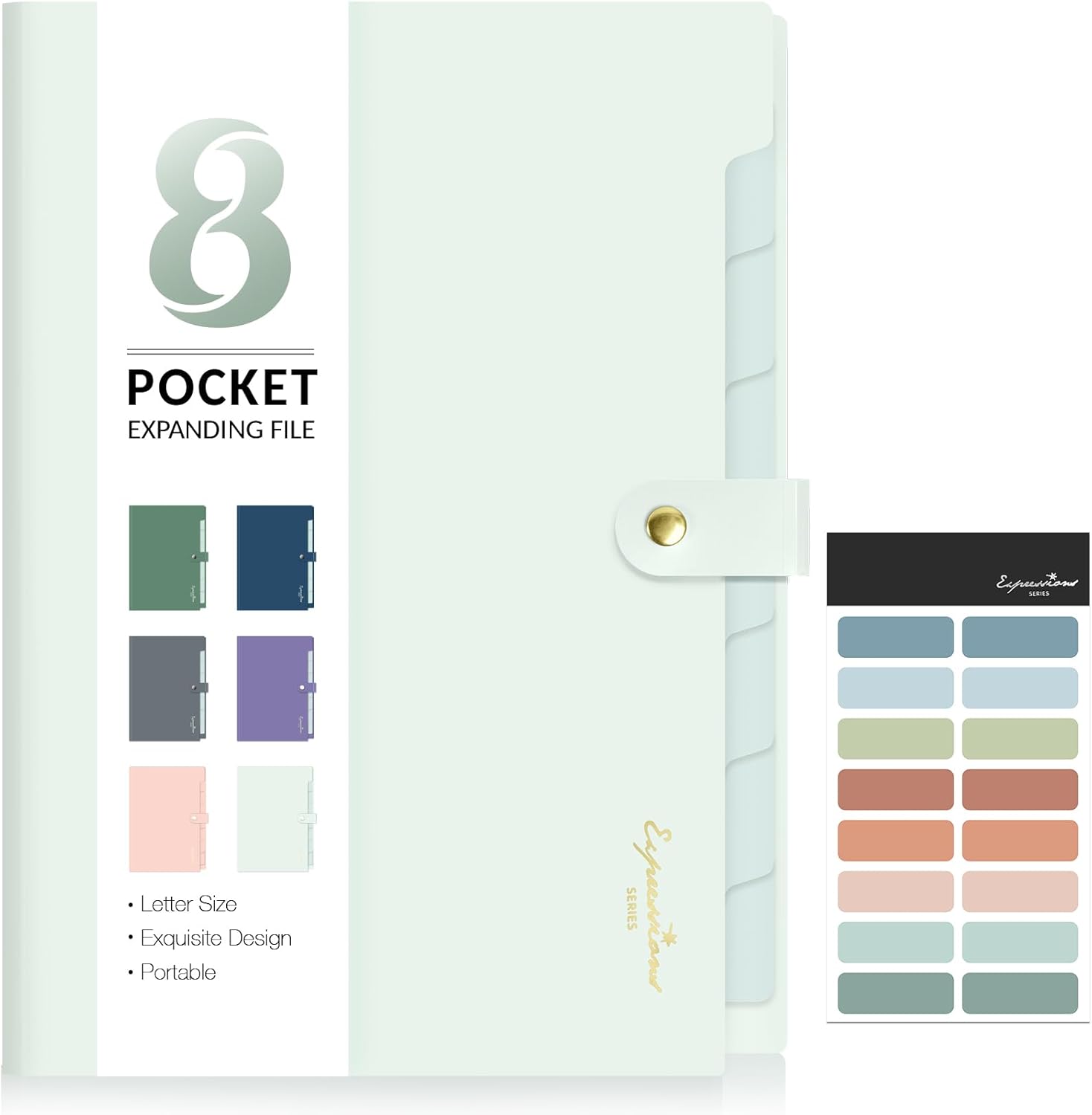 Sooez Elegant Accordion File Organizer, 8 Pocket Expanding File Folder | Portable Folders for Documents, Cute Paper Organizer with Label, for School Office College Supplies, Letter Size, Light Green