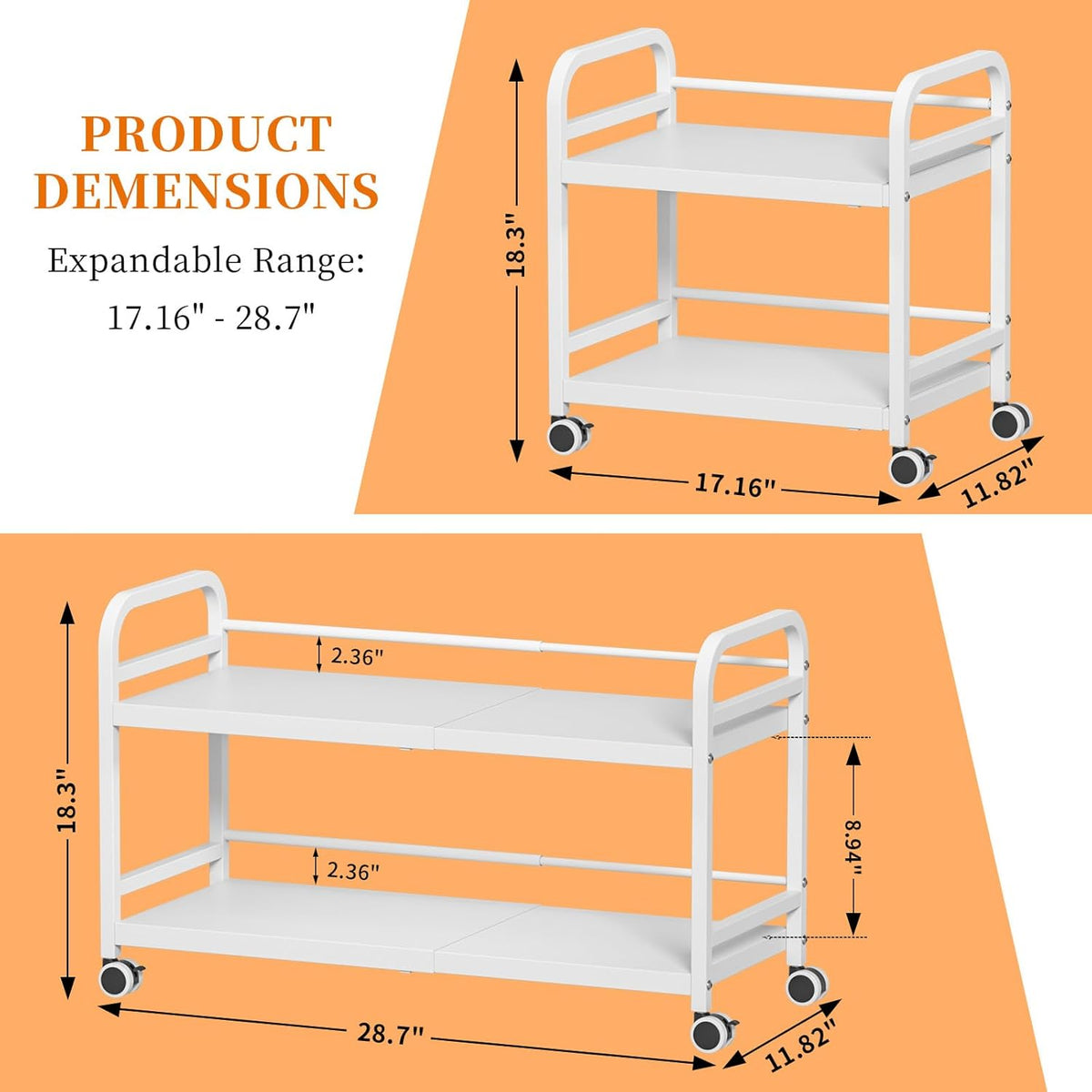 2-Tier Expandable Rolling Cart, Pantry Storage Cart with Wheels, Adjustable R...