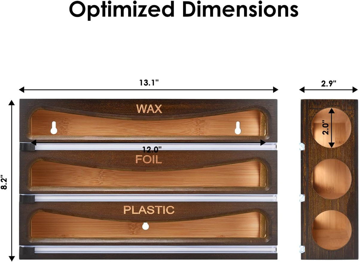 Bamboo Wrap Dispenser with Cutter, Plastic Wrap Organizer, Aluminum Foil Orga...