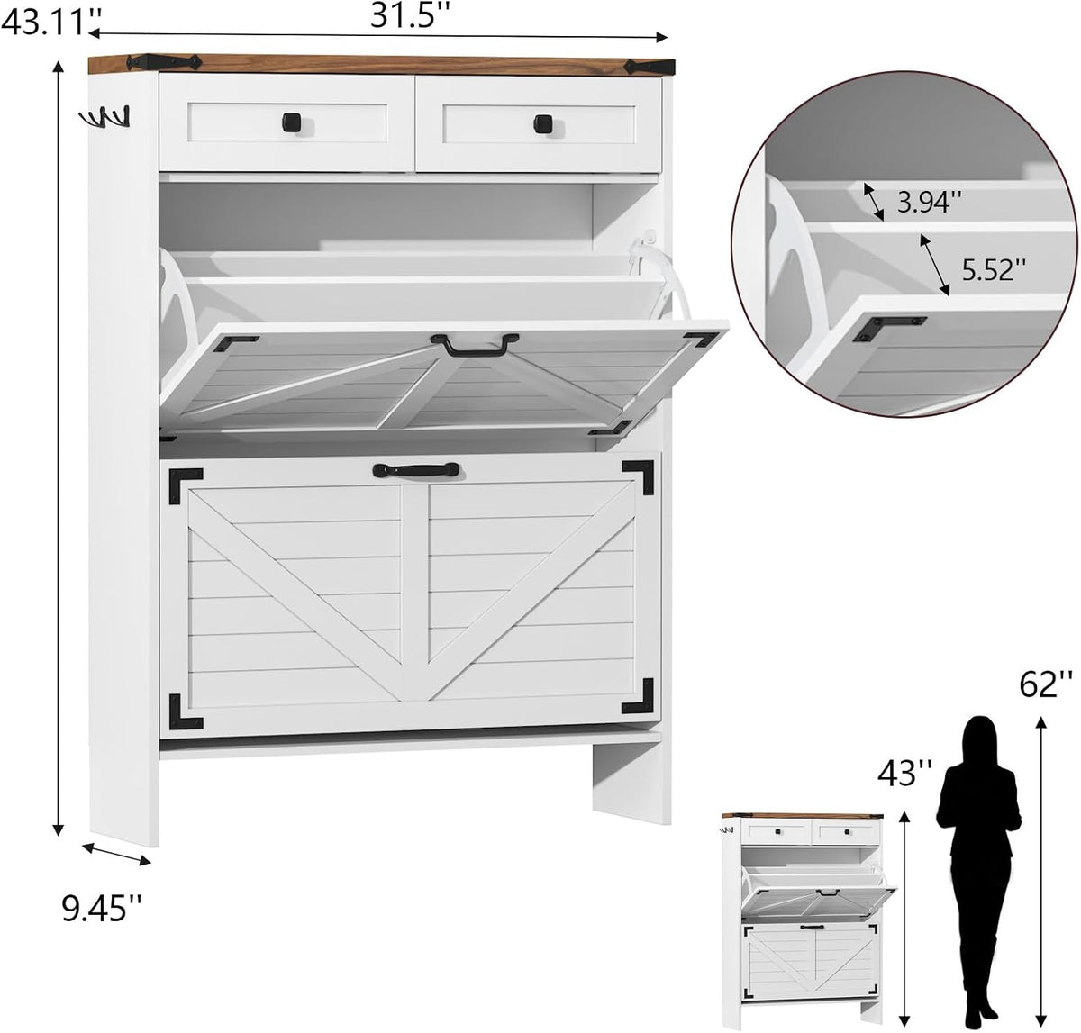 Shoe Cabinet with 2 Flip Drawers, Hidden Shoe Storage Cabinet with 2 Pull-Out...
