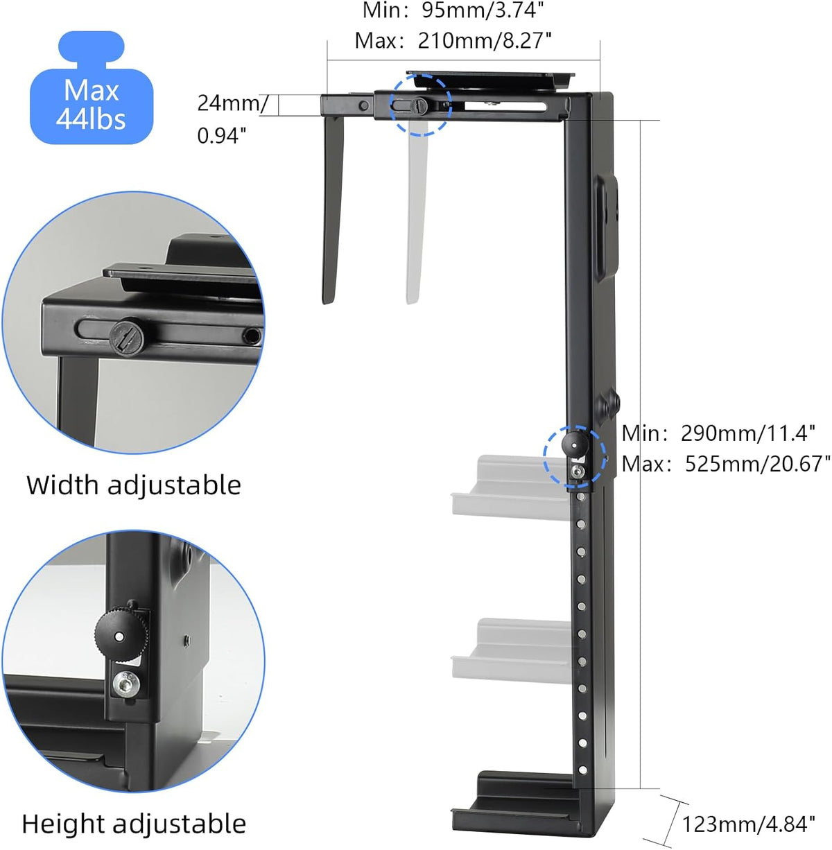Pholiten Under Desk CPU Mount, 3.94 to 11.61" Wide, Max Load 44Lbs