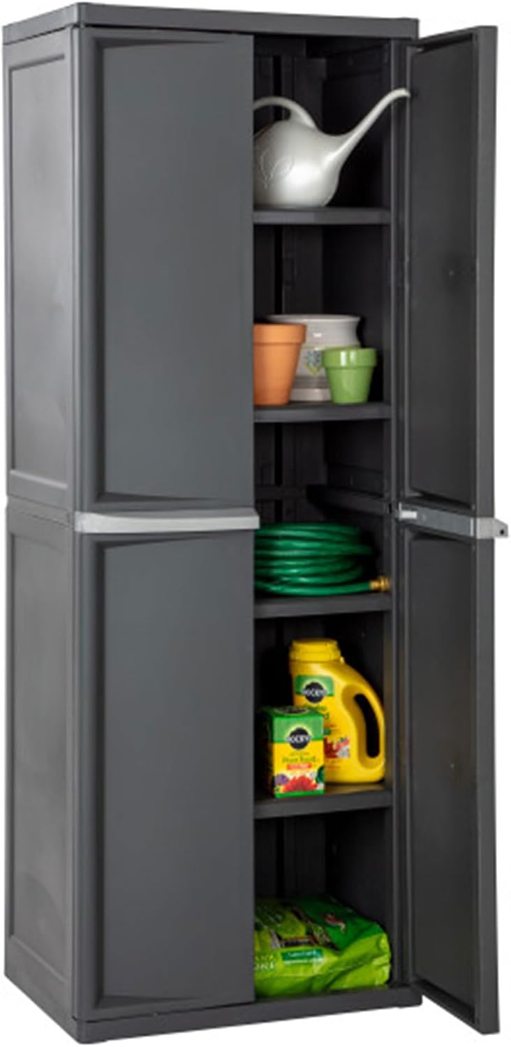 sterilite 4 shelf cabinet, lockable utility storage, gray, front angle view