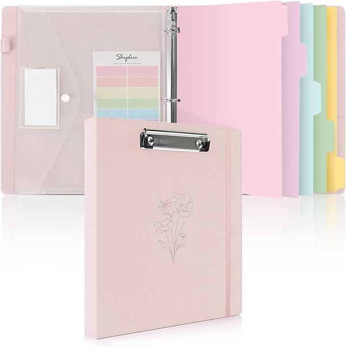 SKYDUE Pink 3 Ring Binder with Clipboard, 1 Inch Linen Binder by SKYDUE