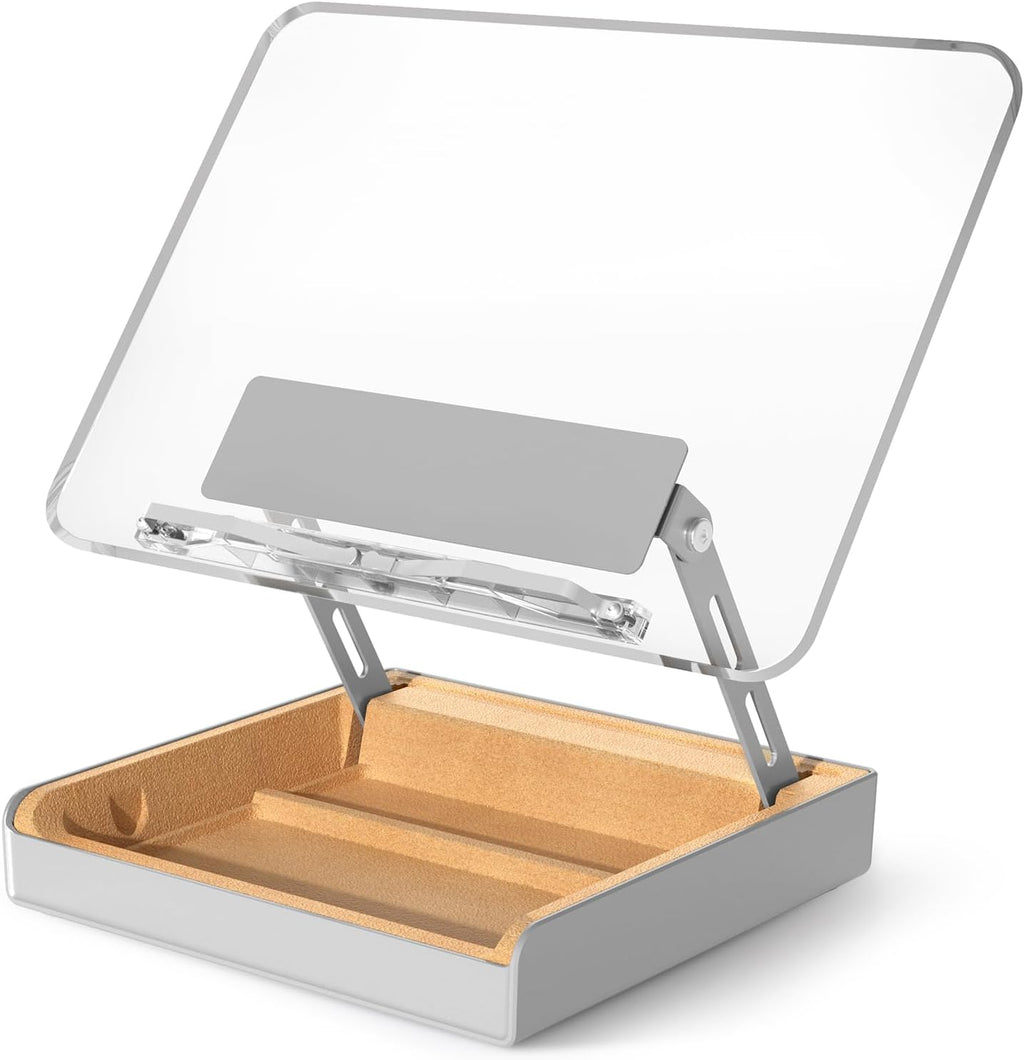 Book Stand with Storage, Book Holder for Reading Hands Free | Wooden Cookbook Stand for Kitchen Counter, Adjustable Reading Stand for Desk, Recipe Stand, Book Prop for Book Lovers -Clear