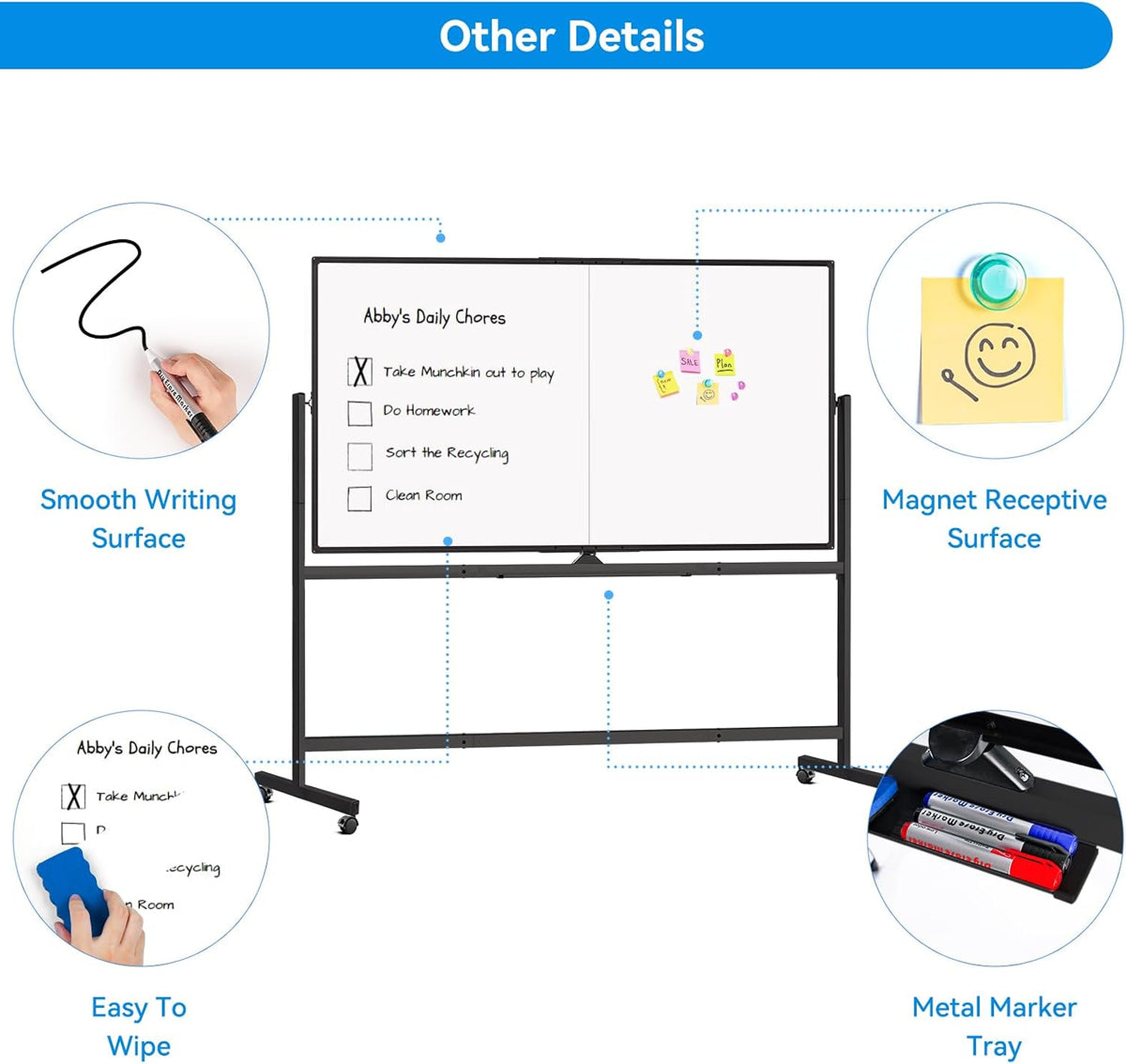 Maxtek Rolling Whiteboard 72x48 Large Double-Sided Magnetic Board(Black)