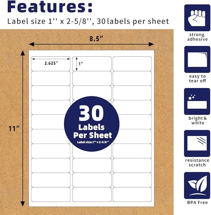 POLYSELLS 1" x2-5/8 Self Adhesive Address Labels, 30UP Blank Shipping Labels - Image 2