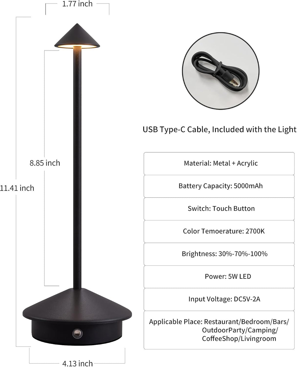 modern cordless table lamp set of 2, black showing dimensions