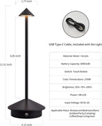 modern cordless table lamp set of 2, black showing dimensions