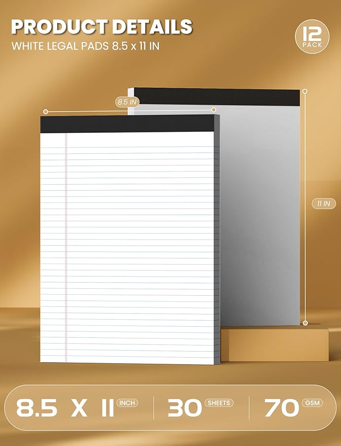 12 Pack White Legal Pads 8.5 x 11 College Ruled, 30 Sheets Per Note Pads 8.5 x - Image 2