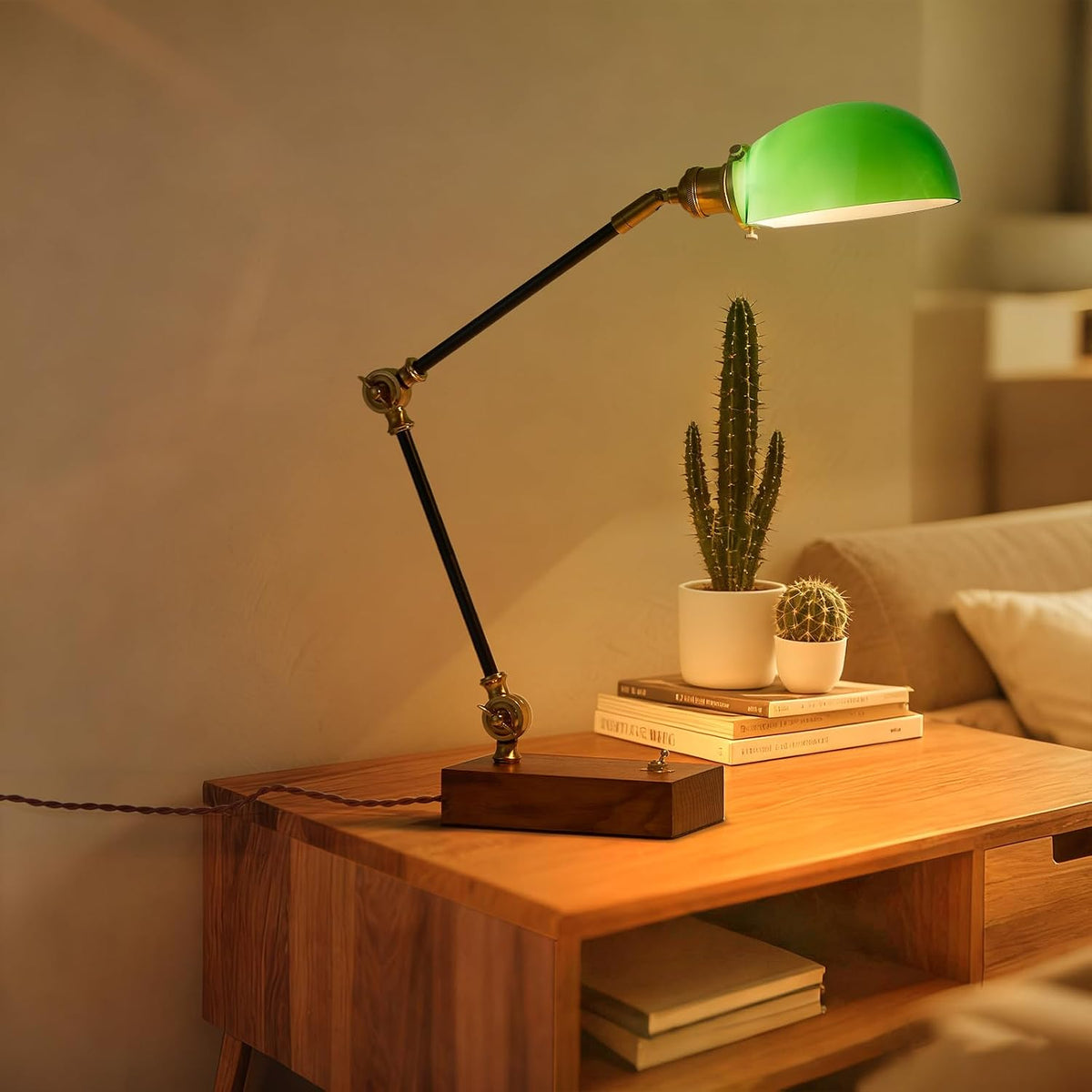 Vintage Green Glass Solid Wood BLack Gold Adjustable Swing Arm Desk Lamp