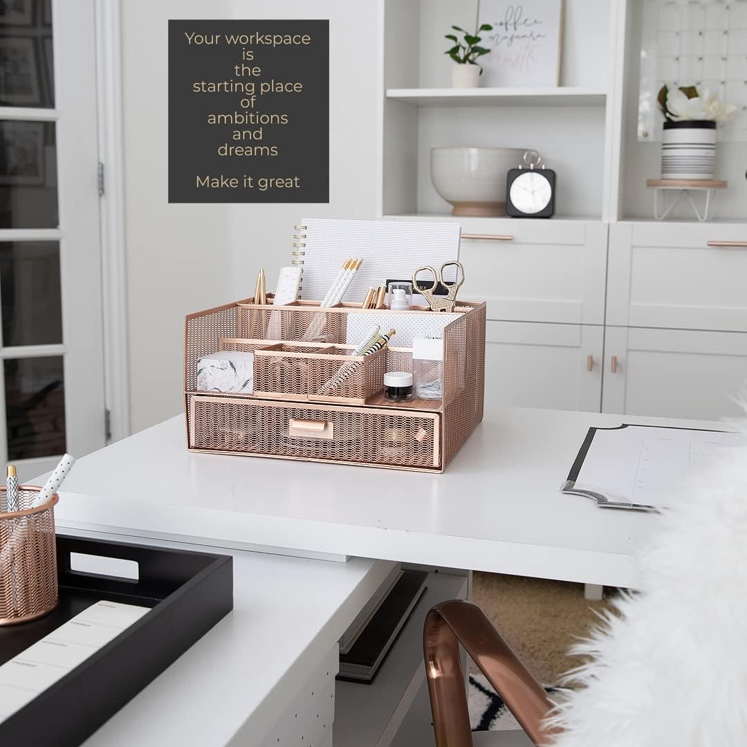 BLU MONACO Large Rose Gold Desk Organizer | 12-Compartment Metal Mesh Desktop...