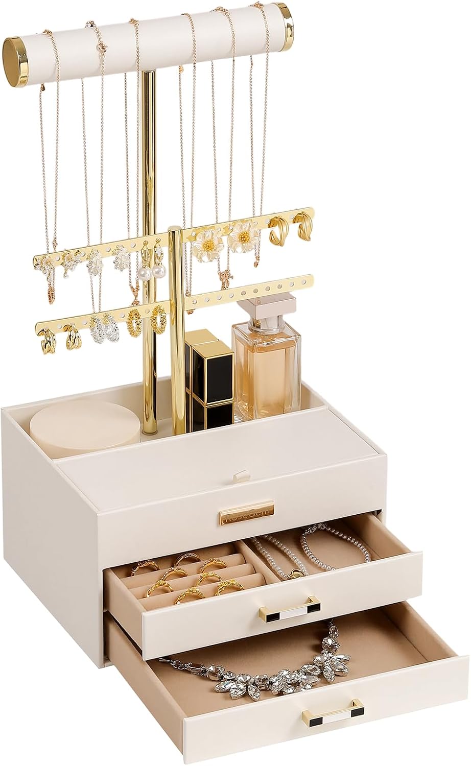 2 Tier Jewelry Stand with Bottom Drawer, Leather Jewelry Holder Display for W...