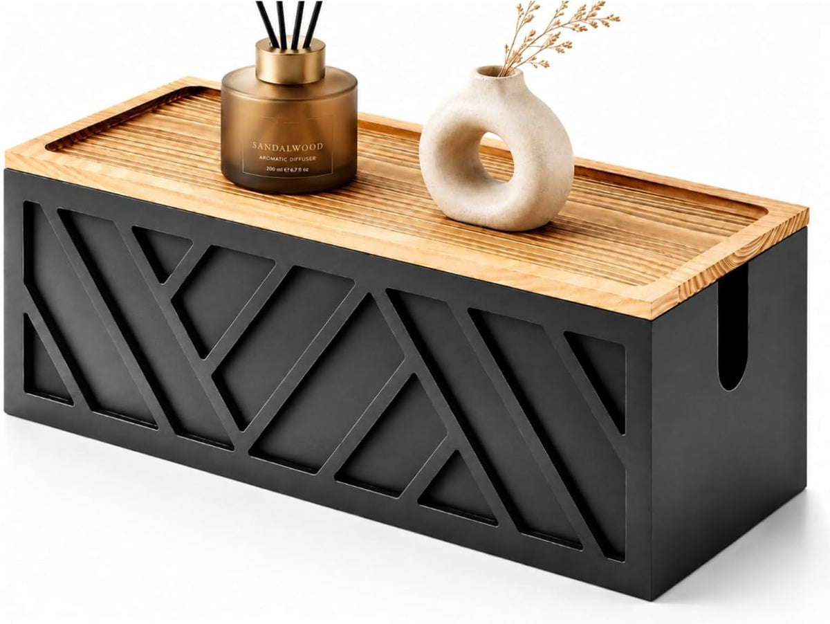 Chunful Large Wooden Cable Management Box, Geometric, Black