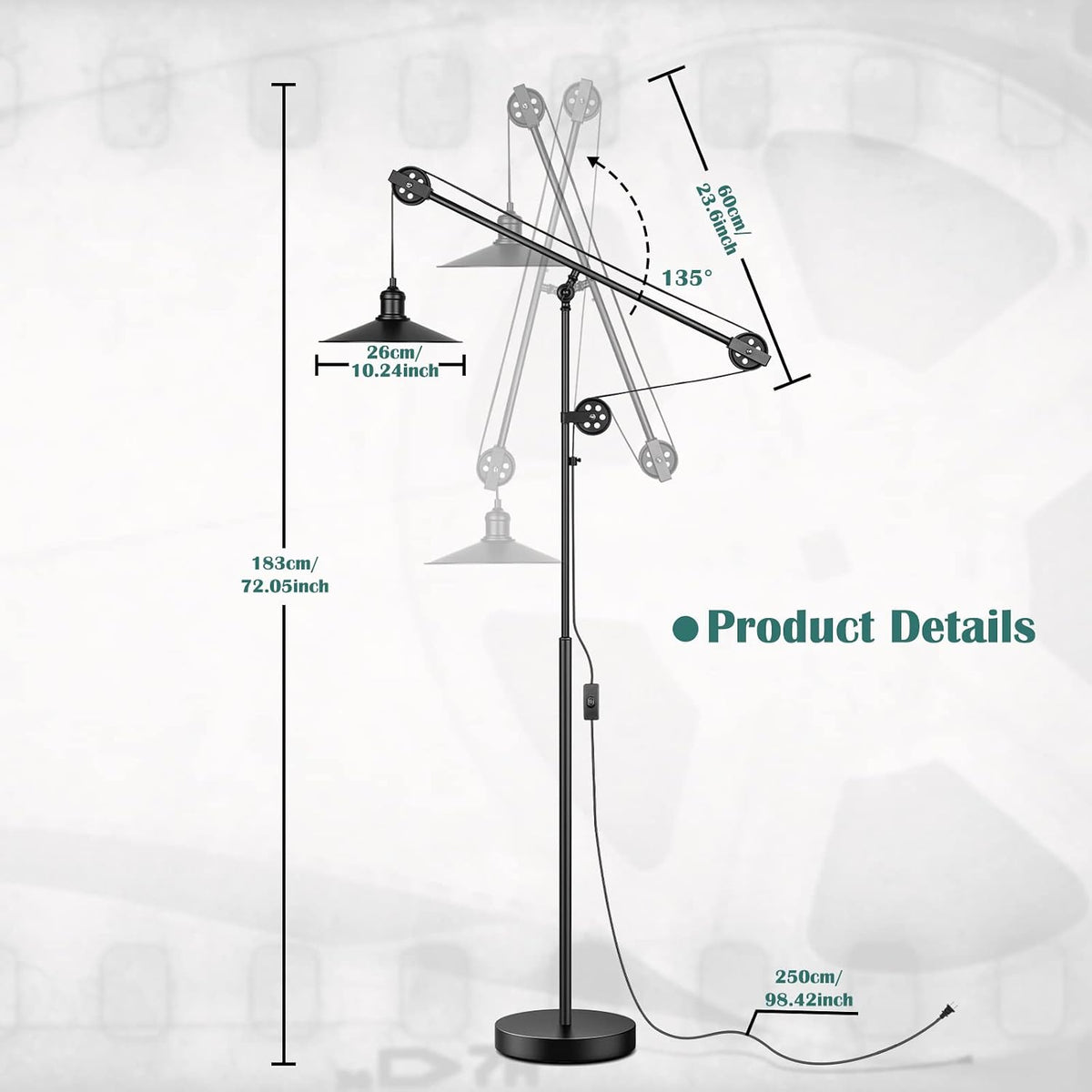 Adjustable Industrial Floor Lamps for Living Room, Rustic Reading Lamp