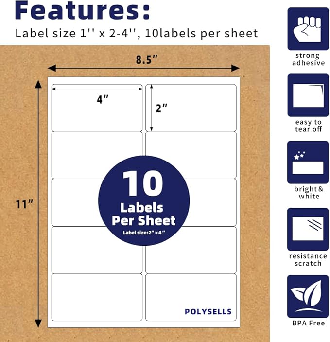 POLYSELLS Self Adhesive 2"x4" Address Shipping Labels, 10UP White Sticker FBA - Image 2