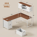 SEDETA Reversible Farmhouse L Shaped Computer Desk with Drawers, Hutch | L Shaped Corner Gaming Desk with LED Light and Storage Shelves for Home Office/Two Person, White