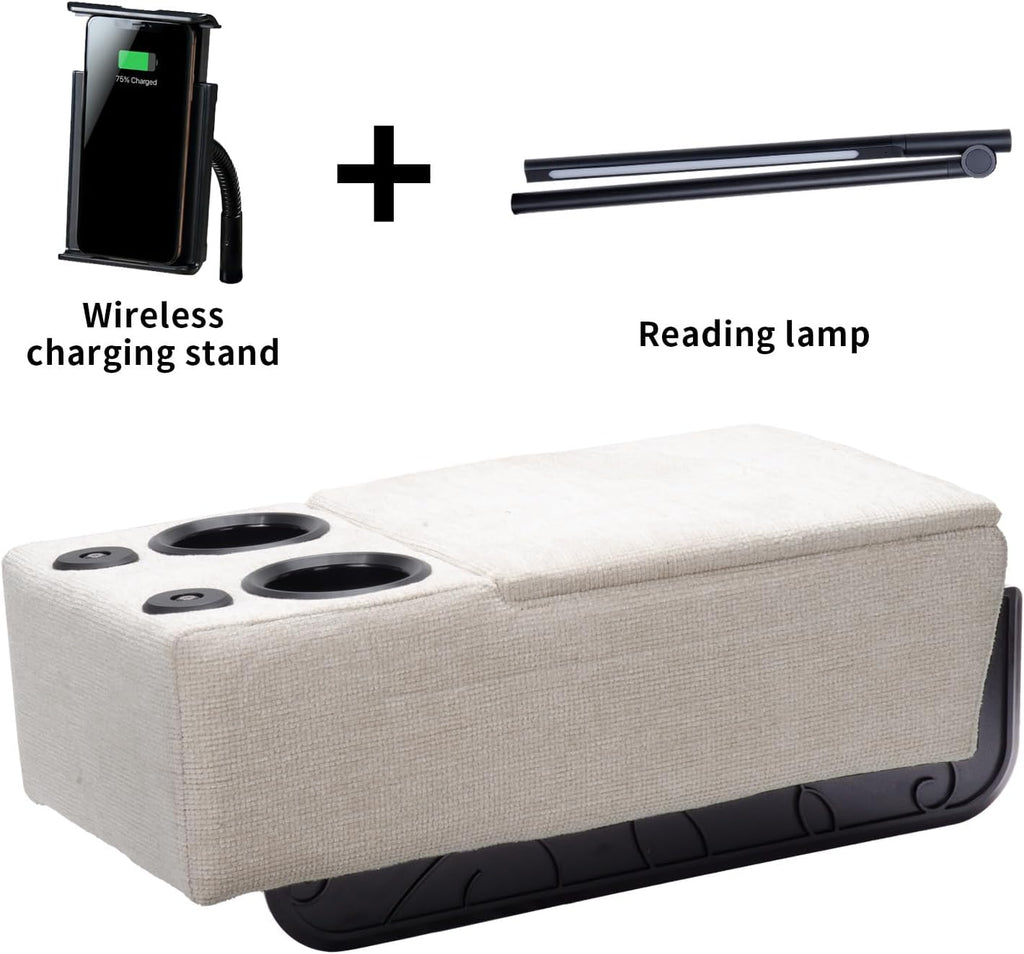 Removable Sofa Armrest with Cup Holder, PU Leather Multifunctional Couch Caddy Storage Arm rest with Power Wireless Charging Stand & LED Reading Light for Sofa Middle Seat Adjustable