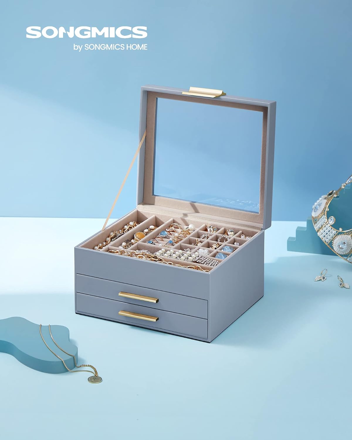 SONGMICS Jewelry Box Organizer, 3-Layer Storage with 2 Drawers, Glass Lid