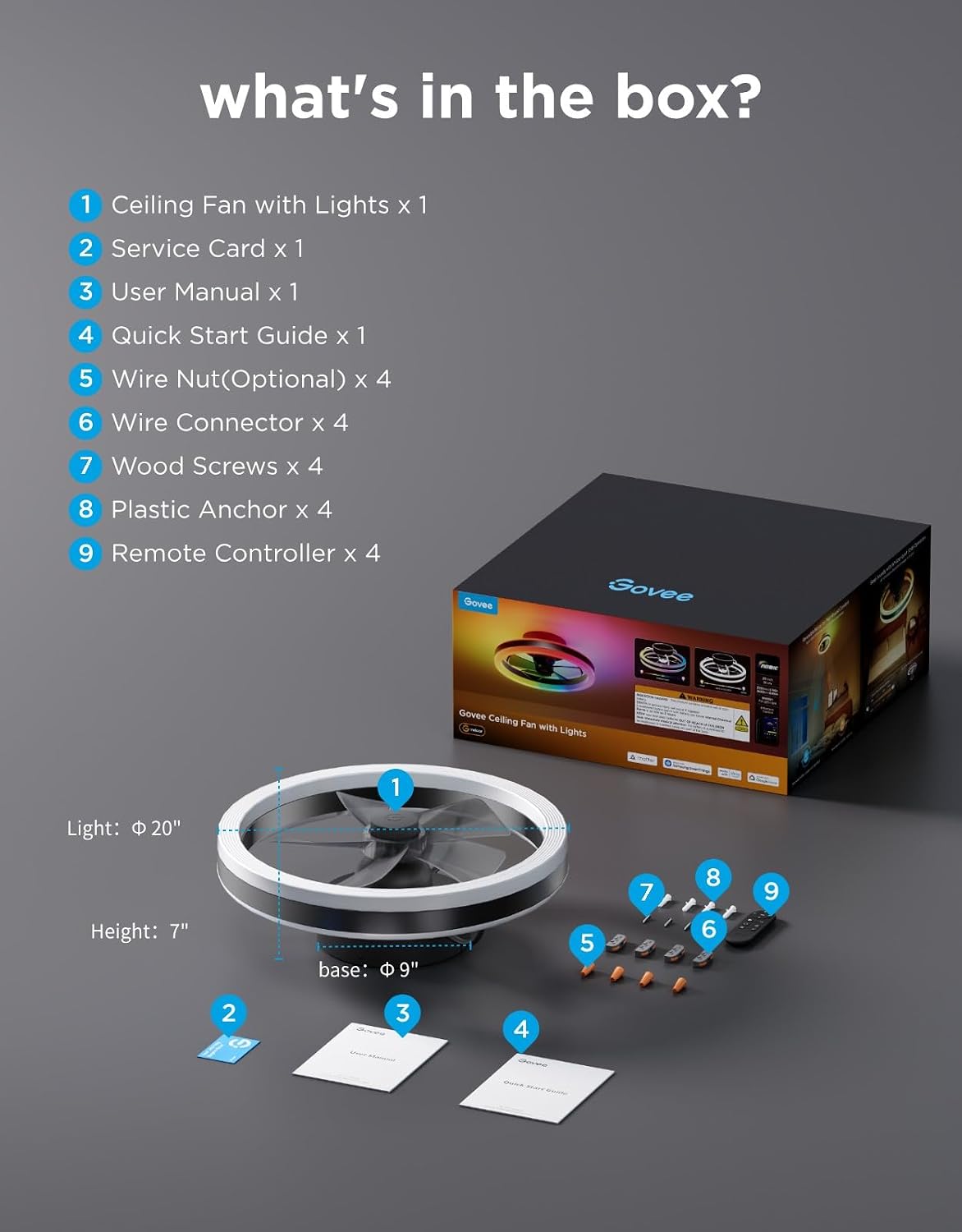 govee ceiling fan with lights, 20'' rgbic fandelier, front angle view