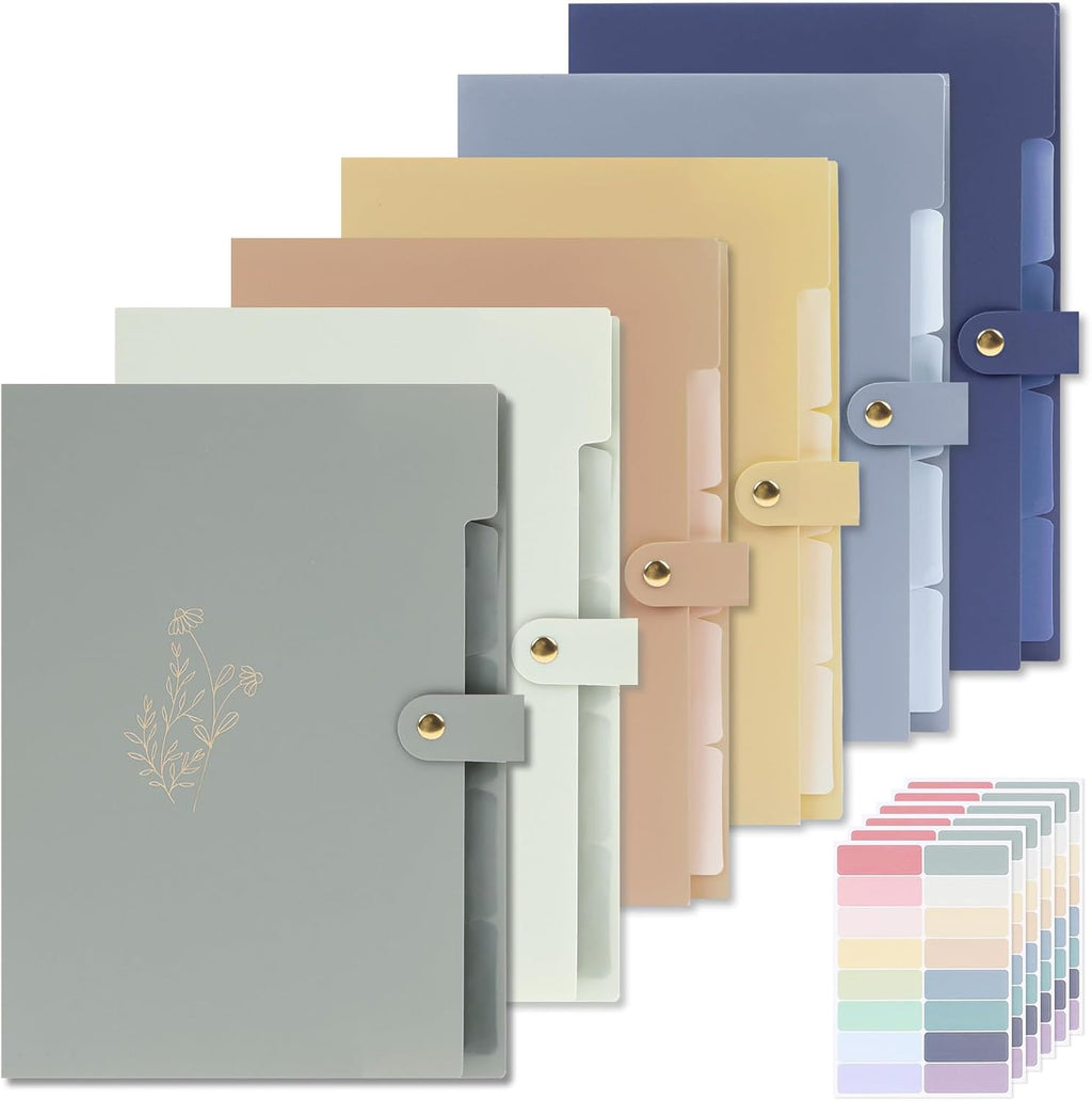 EOOUT 6pcs Expanding File Folders with 5 Pockets, Accordion Folders for Documents, A4 Letter Size Gold-Embossed Floral Plastic File Organizer with Snap Button for School and Office Supplies