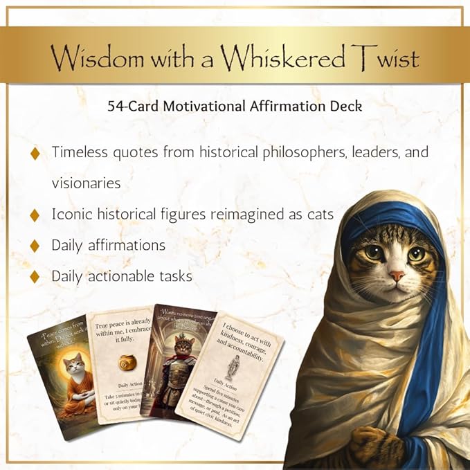 Paws of Wisdom Motivational 54-Card Deck. Cat-Themed Historical Quotes - Image 3