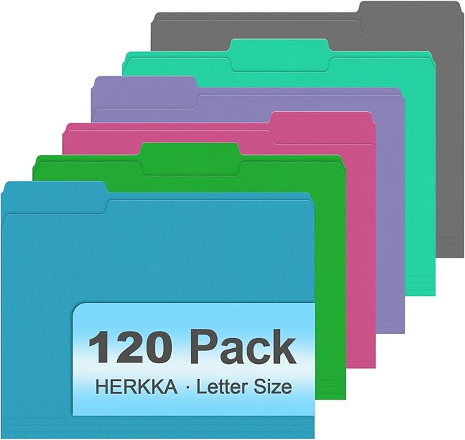 File Folder, HERKKA 120 Pack 1/3 Cut Tab File Folders, Letter Size, Colored by HERKKA