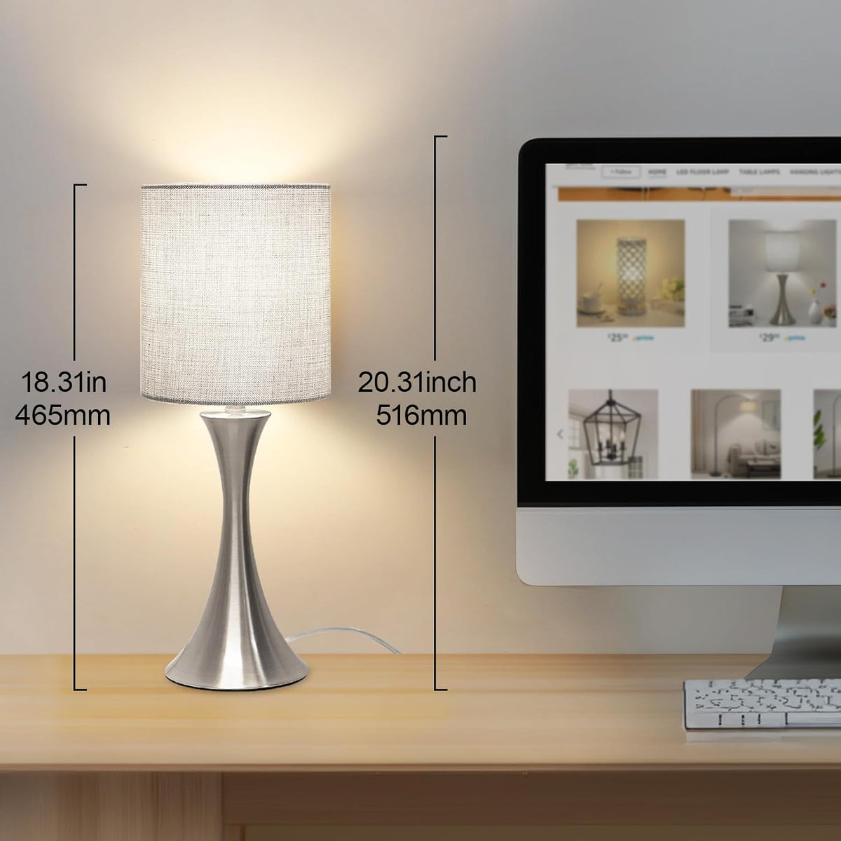 3 way touch control table lamp, dimmable bedside, side view