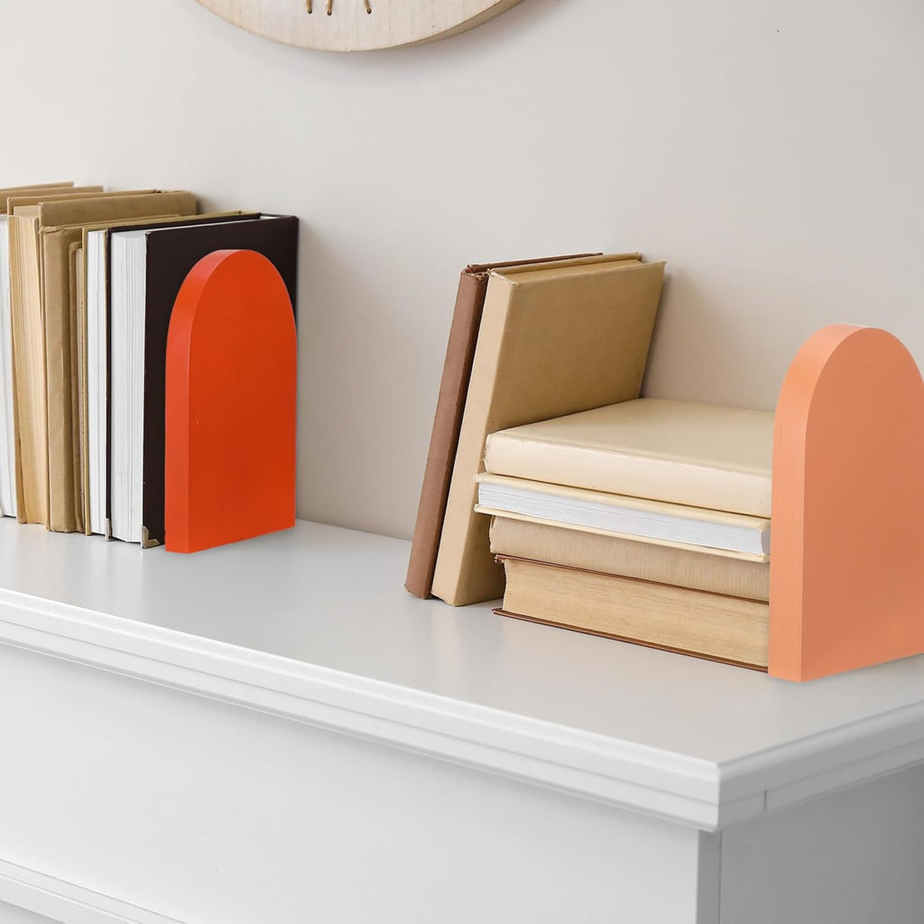 Honoson 4 Pcs Boho Wood Bookends Back to School Sage Green Wooden Book Stands Decorative Non Skid Book Stoppers for Books Cds Videos Albums Office Desktop Shelves (Orange)