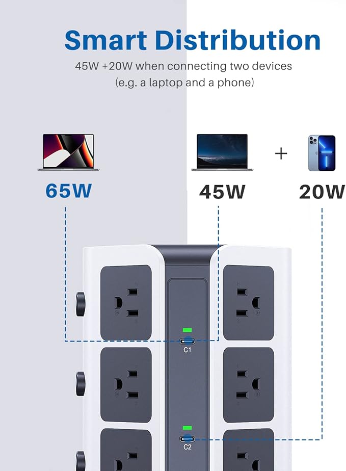 KOOSLA PD Power Strip Tower Surge Protector, USB C Desktop Charging Station - Image 4