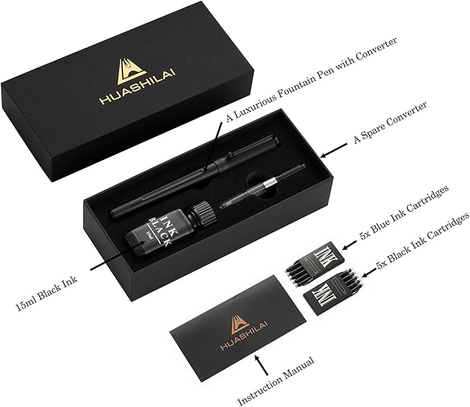 HUASHILAI Luxury Matte Black Forest Fountain Pen Set, Titanium Black Extra Fine - Image 2