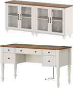WAMPAT Home Office Furniture Set, 56" Executive Desk with Charging Station, 2-in-1 Cabinet with Glass Doors, Wood Computer Desk with File Cabinet Storage, Open Shelf, White