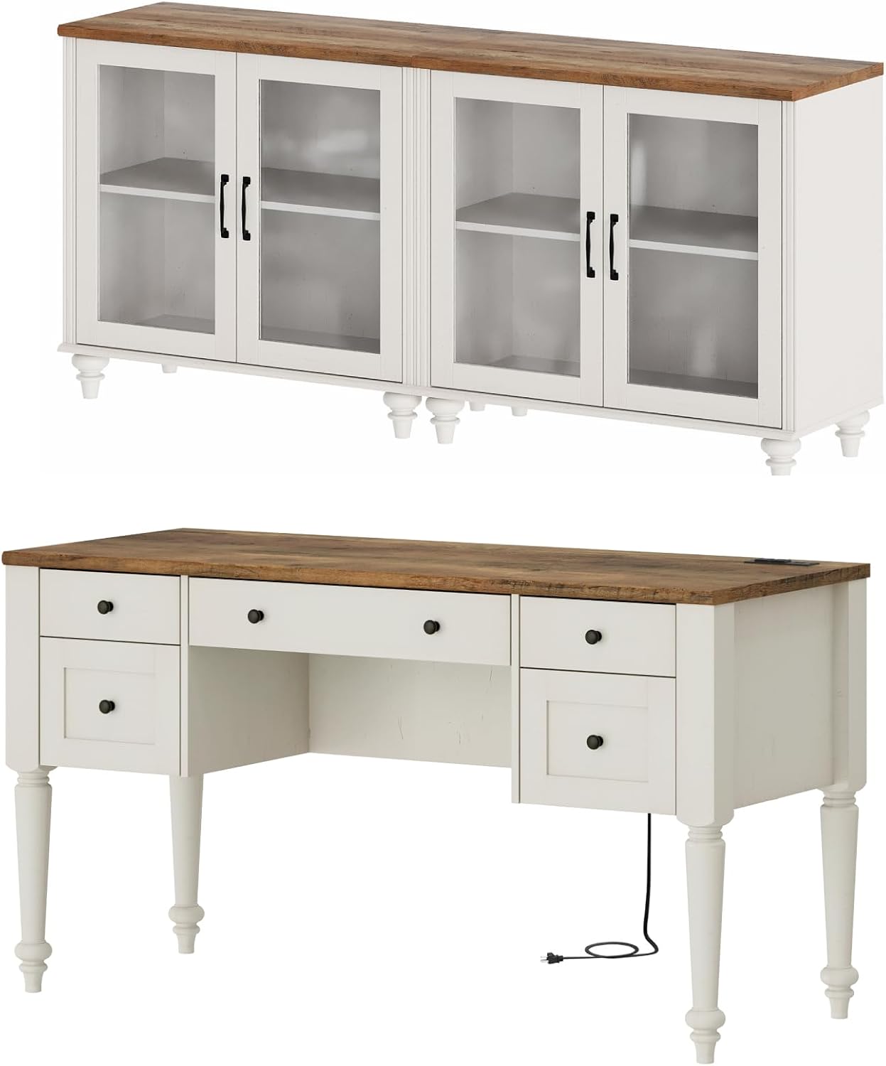 WAMPAT Home Office Furniture Set, 56" Executive Desk with Charging Station, 2-in-1 Cabinet with Glass Doors, Wood Computer Desk with File Cabinet Storage, Open Shelf, White