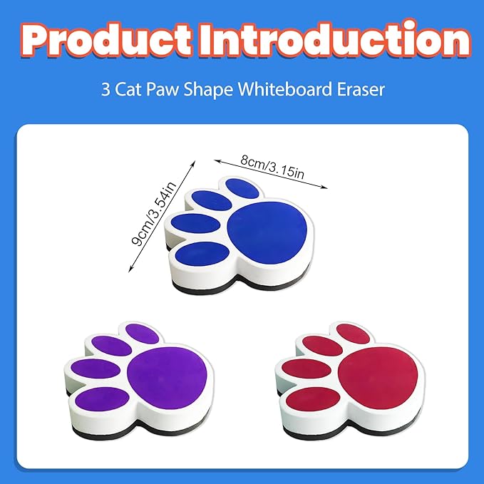 Quixorblex 3 Pcs Dry Erase Eraser Magnetic Teacher Supplies Cat Paw Shape - Image 3