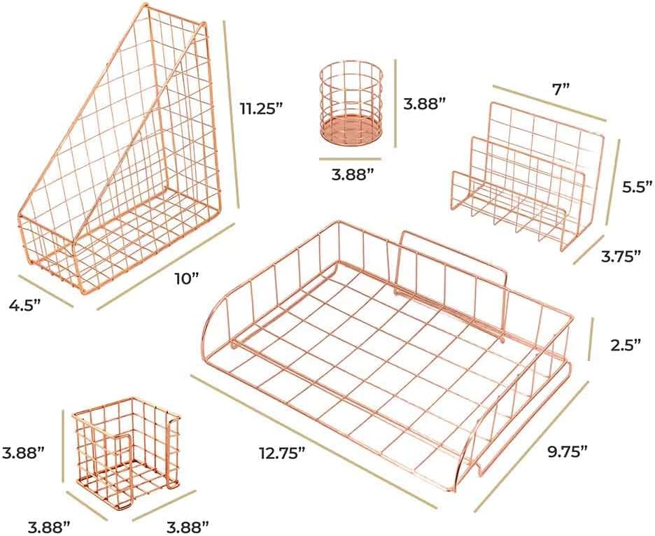 BLU MONACO | Rose Gold Desk Organizer Set 5 Piece | Mail Sorter Organizer Cou...