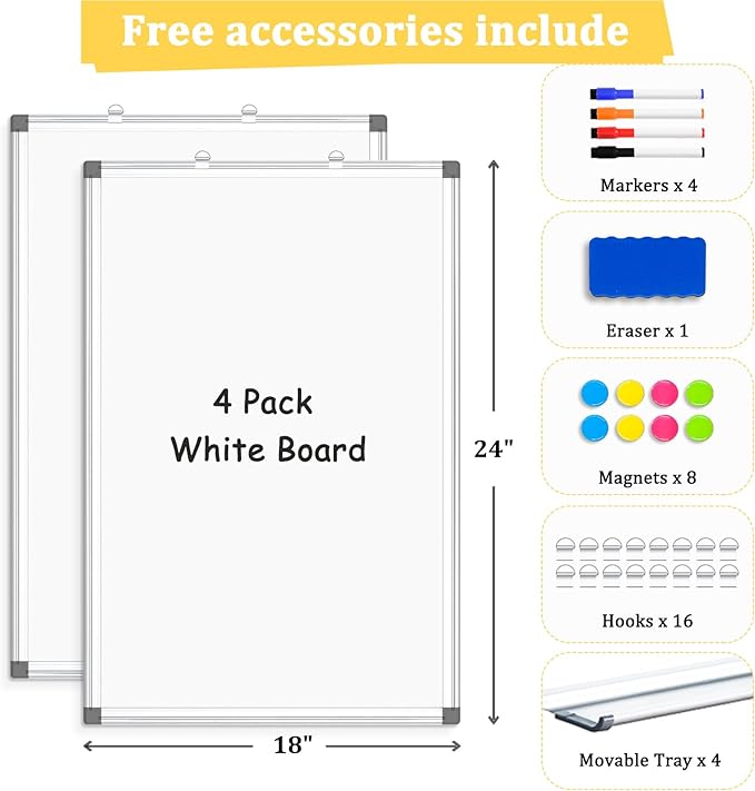 AMUSIGHT 4 Pack Double-Sided Magnetic Whiteboard, Aluminum Frame White Board - Image 4
