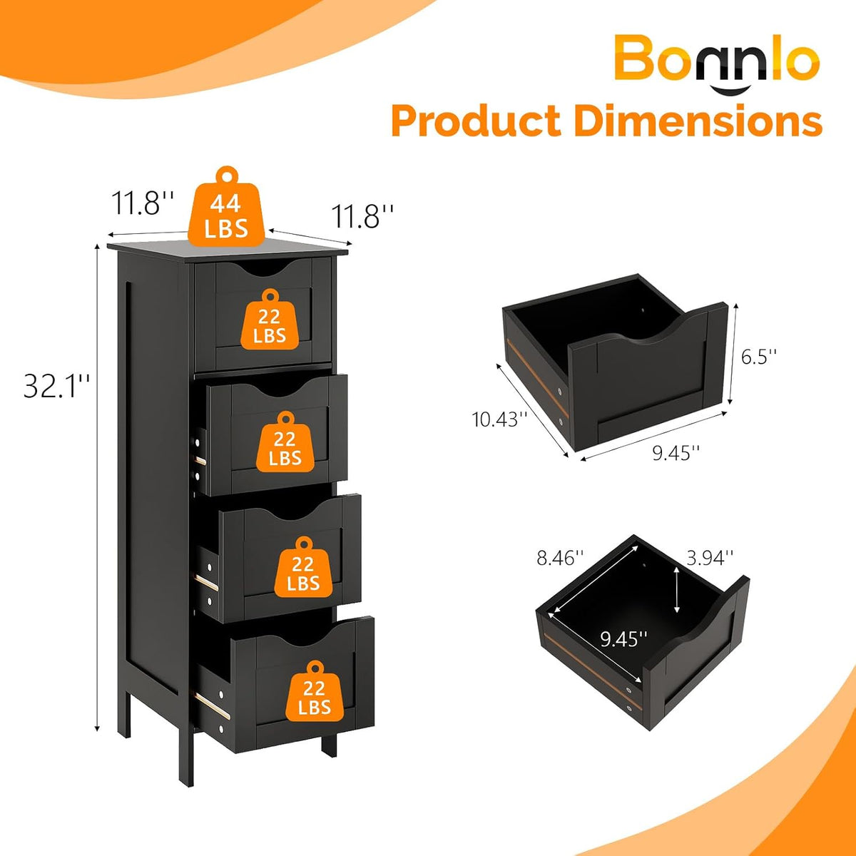 Bonnlo Slim Bathroom Floor Cabinet, 4-Drawer Wooden Freestanding Storage Unit...