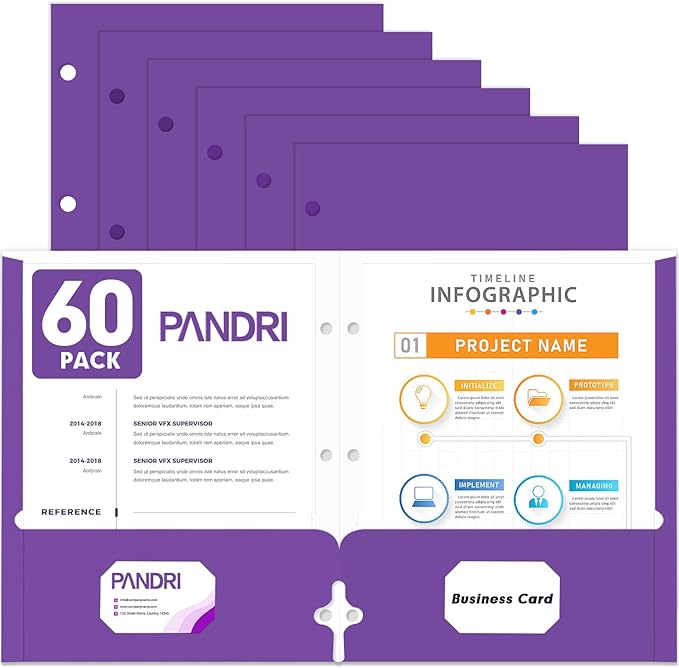 Two Pocket Portfolio Folders, PANDRI 60 Pack 3 Hole Punched 2 Pocket Folders by PANDRI
