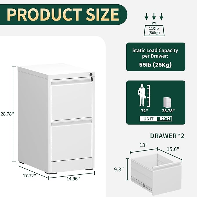 Yukimo 2 Drawer File Cabinet for Home Office, Vertical File Cabinet - Image 3