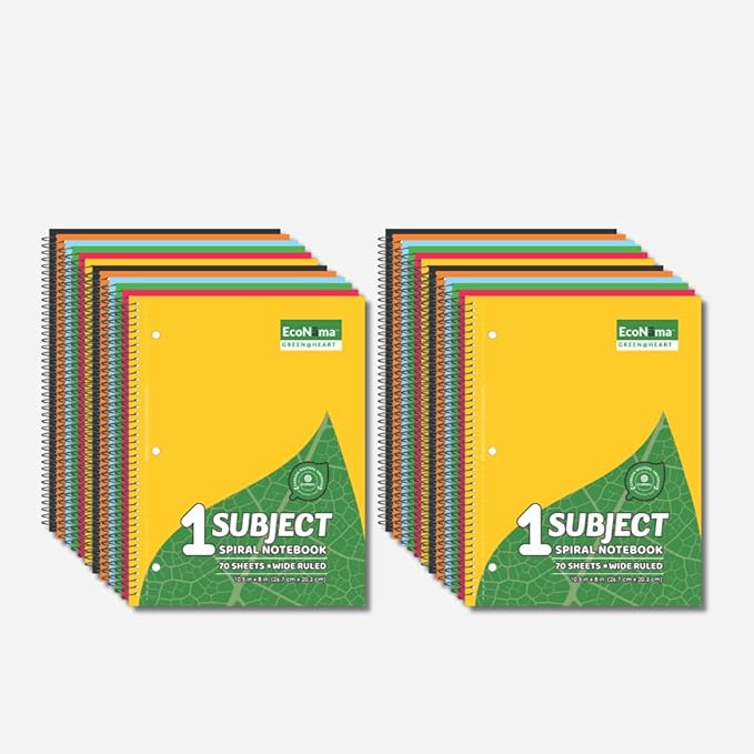 ECONAMA Subject Book Spiral Notebook Pack of 24 Wide Ruled 140 Pages 8" × 10.5" by Econama
