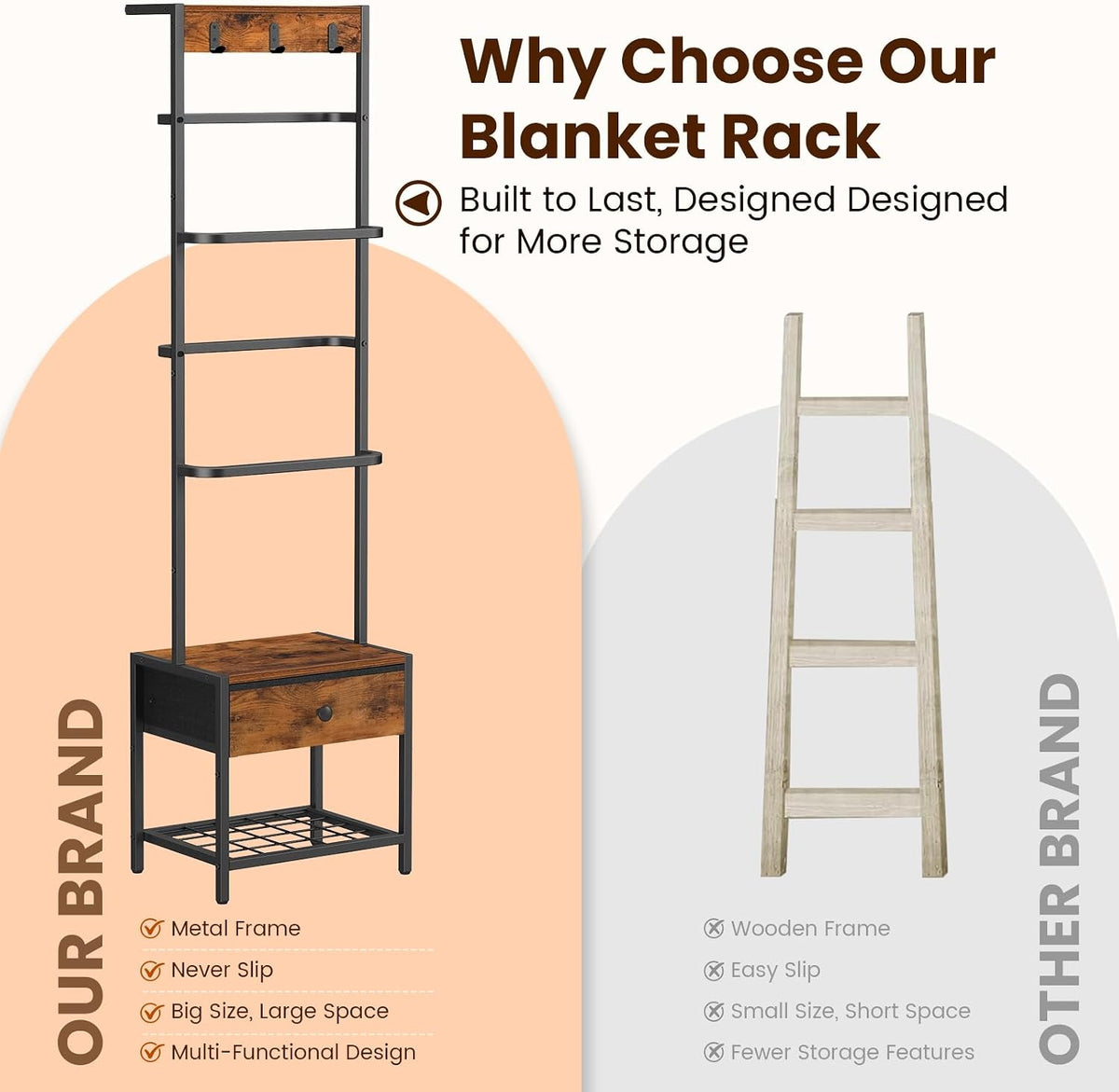 Snughome 8-Tier Blanket Ladder with Storage Drawer & Hooks for Living Room