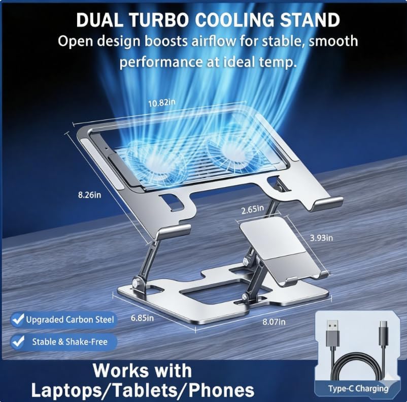 Laptop & Phone 2-in-1 Cooling Stand with Silent Fan, Adjustable Height &a...