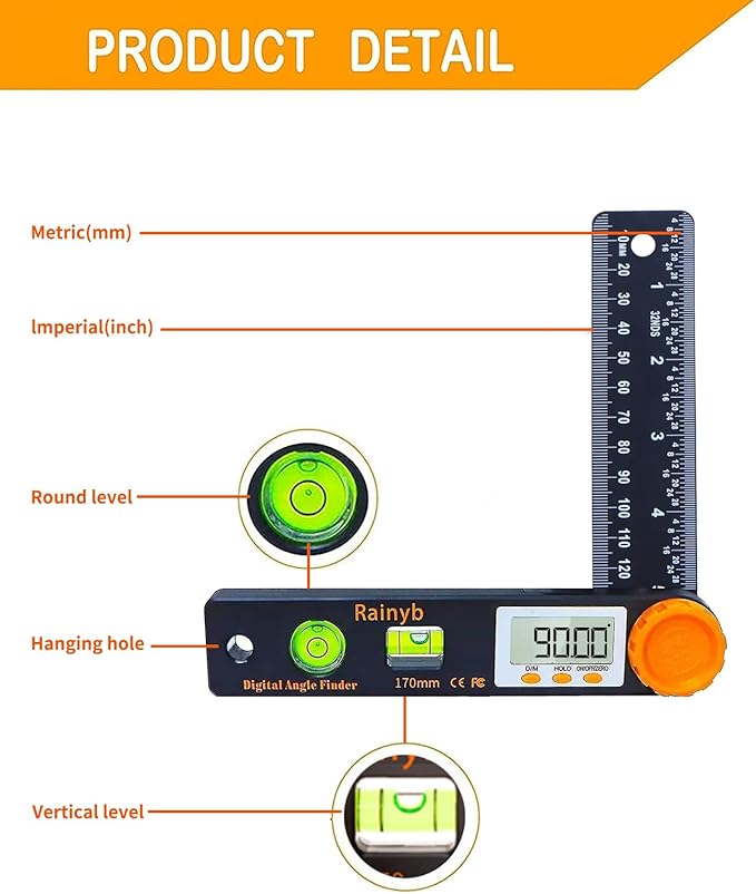 Rainyb Digital Angle Finder Tool 5 inch Pocket Protractor 0-360 degree LED - Image 2