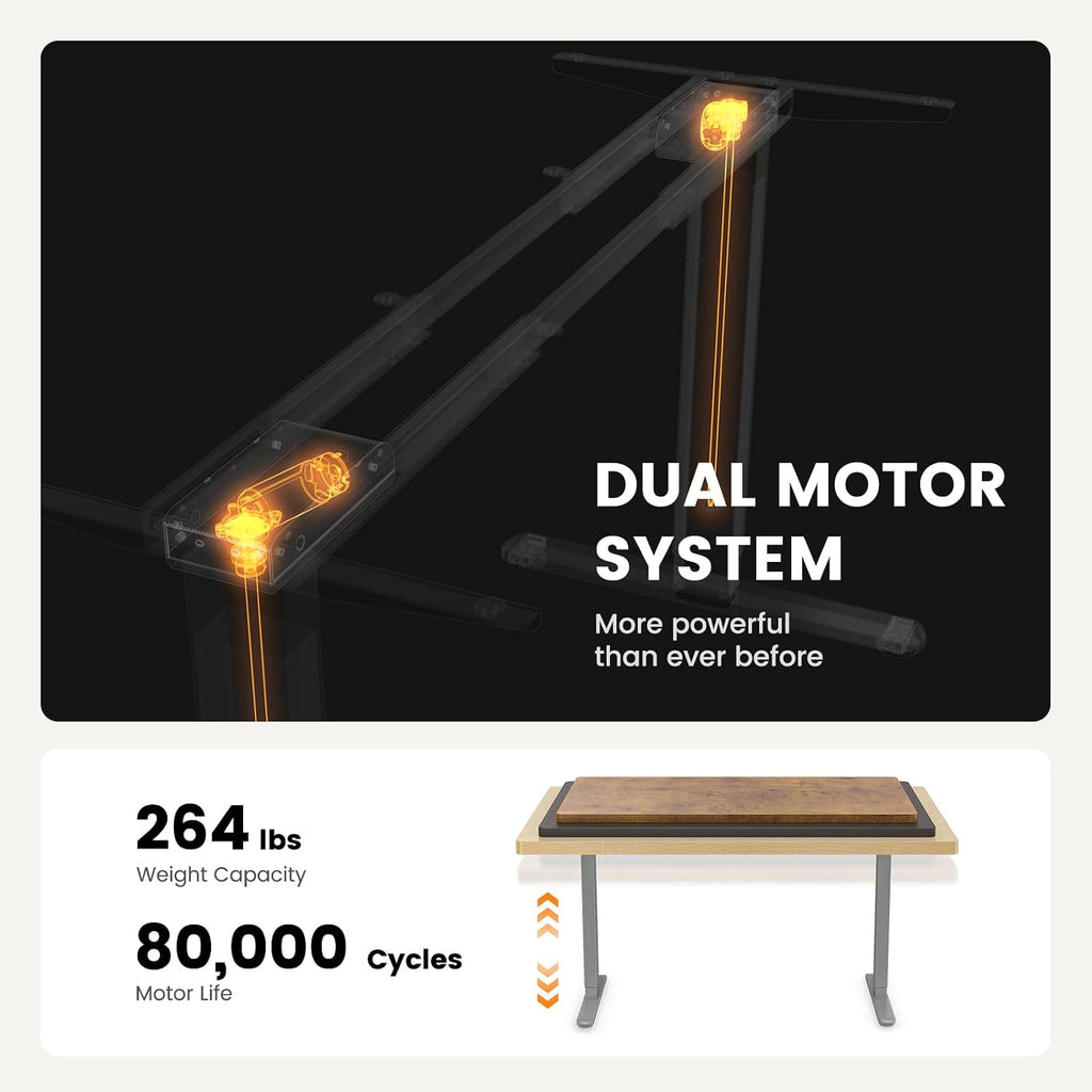 ErGear Dual Motor Standing Desk Legs for 44-90 inch Desktops, 264 lbs | 4 Memory Presets, Cable Tray, Dual Hooks, 28-47 inch Height Range, DIY Sit Stand Frame, Black Finish, Quiet Lifting, Grey
