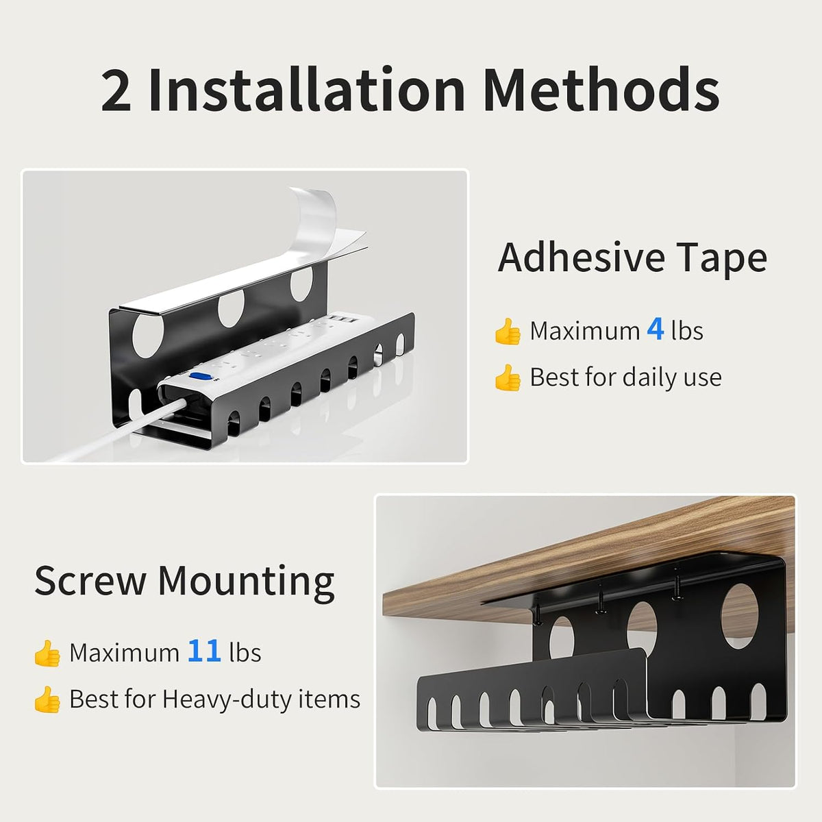 Delamu 2 Pack Metal Under Desk Cable Management Tray, Black U Channel