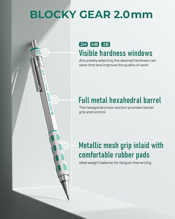Nicpro Blocky Gear 2.0 mm Mechanical Pencils Set in Case, Metal Pencil - Image 2