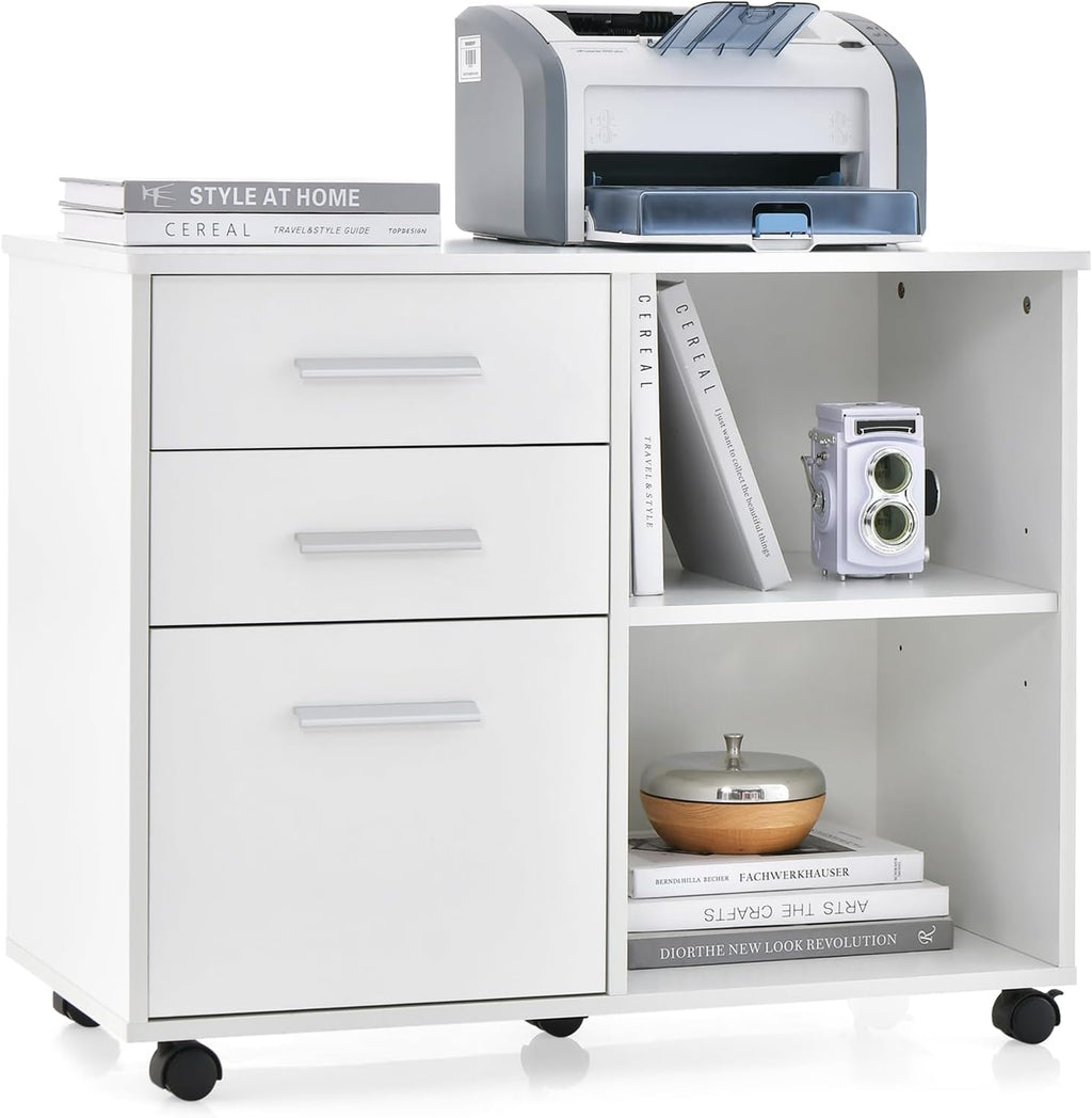 Giantex 3-Drawer File Cabinet for Office - Home Mobile Lateral Filing Cabinet with Hanging Bars, Open Storage Shelves, 5 Universal Wheels, Printer Stand for Letter Size Storage Cabinet (White)