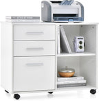 Giantex 3-Drawer File Cabinet for Office - Home Mobile Lateral Filing Cabinet with Hanging Bars, Open Storage Shelves, 5 Universal Wheels, Printer Stand for Letter Size Storage Cabinet (White)