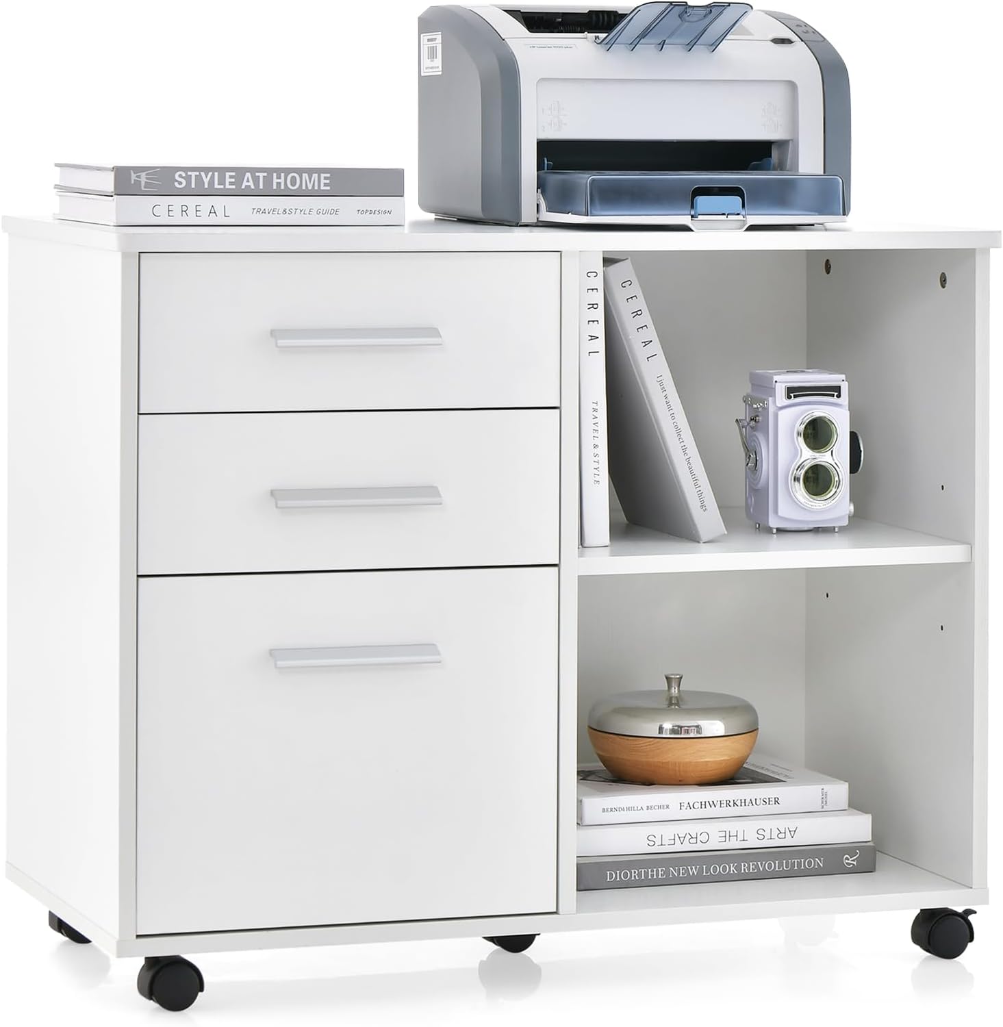 Giantex 3-Drawer File Cabinet for Office - Home Mobile Lateral Filing Cabinet with Hanging Bars, Open Storage Shelves, 5 Universal Wheels, Printer Stand for Letter Size Storage Cabinet (White)