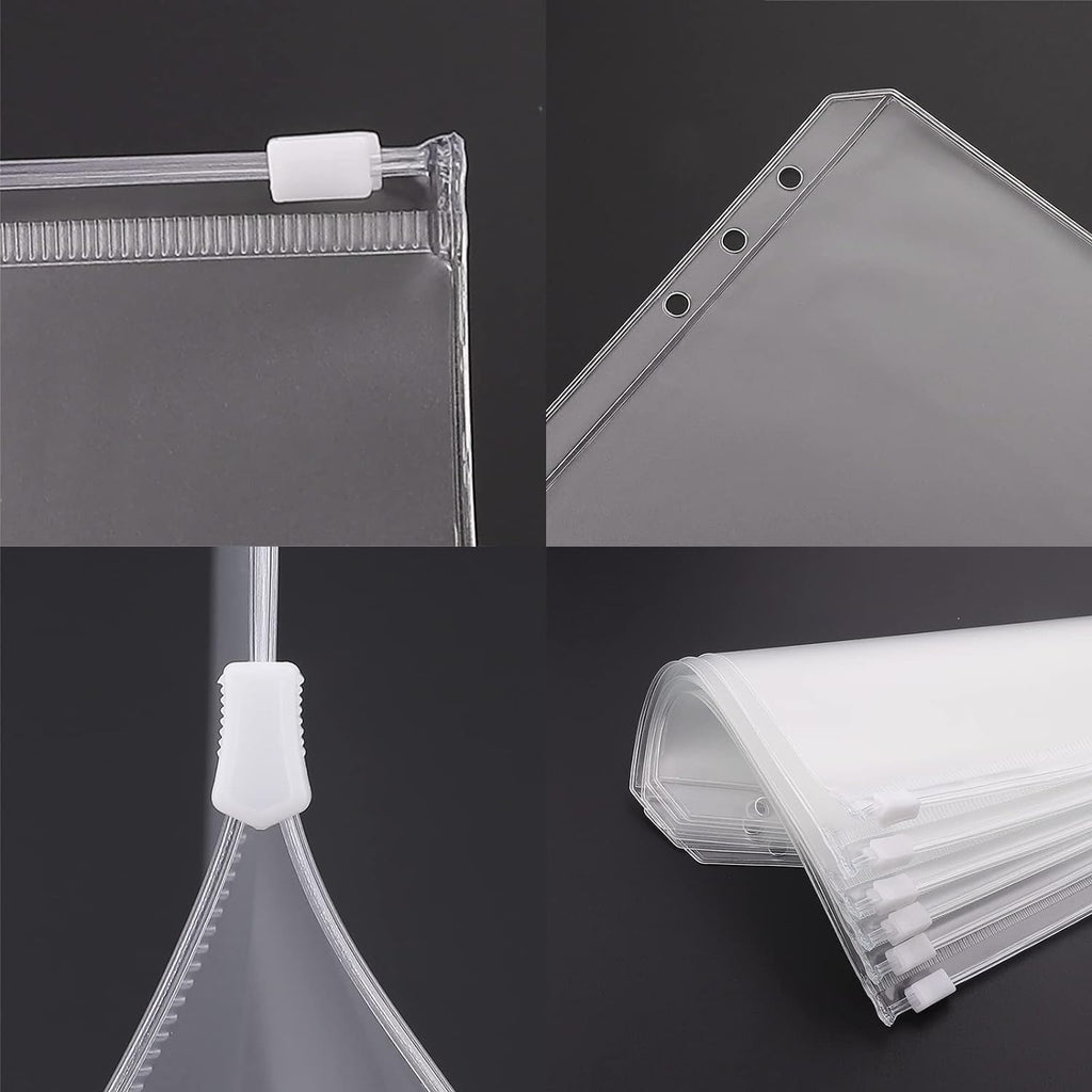 Antner 12pcs A6 Size Binder Pockets 6 Holes Budget Cash Envelopes for Budgeting, Clear Zipper Folders Loose Leaf Bags for A6 6-Ring Budget Binder, Waterproof PVC Document Pouch Filing Bags