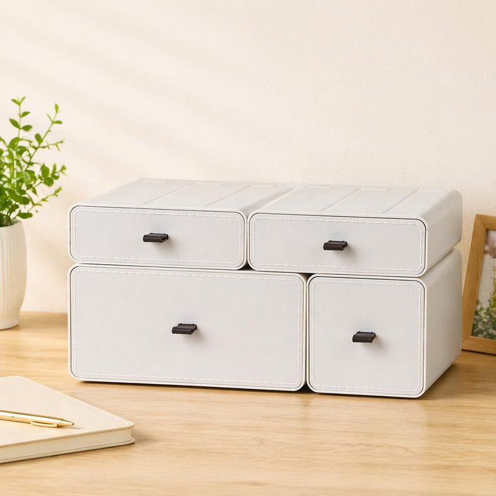 White Desk Organizer with Drawers, Dresser Desktop Makeup Nightstand Organizer, Storage Drawer for Small Spaces Pens Stationary Cosmetic Junk, Office Supplies and Accessories (4-Drawer)